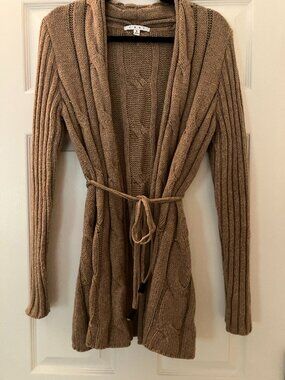 CAbi Cable Knit Long Sweater, Size S, Medium Brown